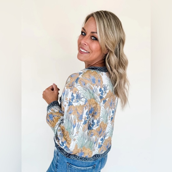 Floral woven jacquard denim button boho bohemian jacket - Picture 4 of 14